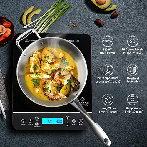 Duxtop Induction Hob, Induction Cooker Countertop Burner with LCD Sensor Touch 2100 Watts, 20 Temperature Levels, 20 Power Levels, 10-hour Timer,
