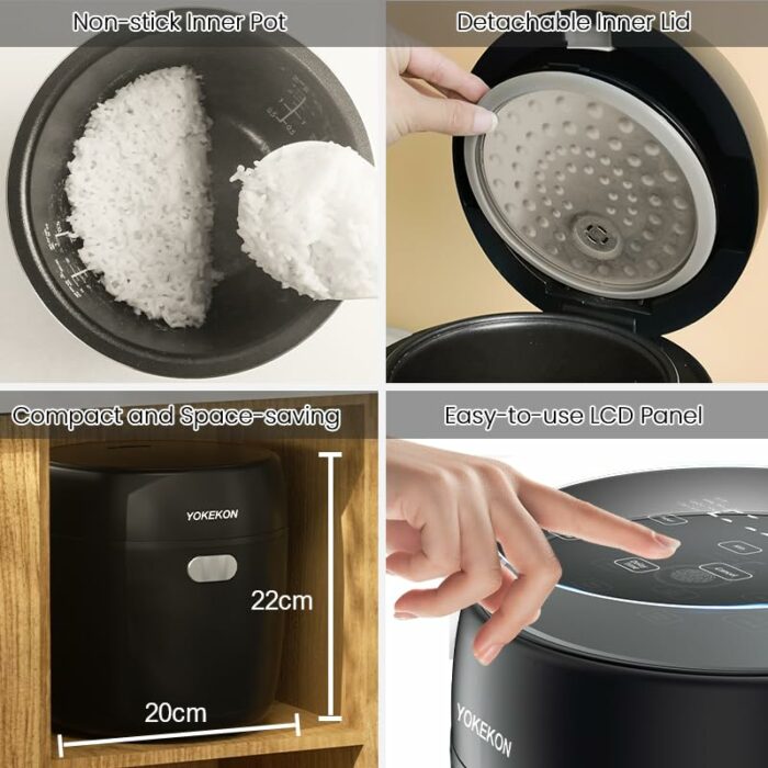 YOKEKON Low Sugar Rice Cooker Small 2L,Mini Rice Maker and Stainless Steel Steamer for 2-4 People, 8-in-1 Smart Control Multifunction, Delay Time