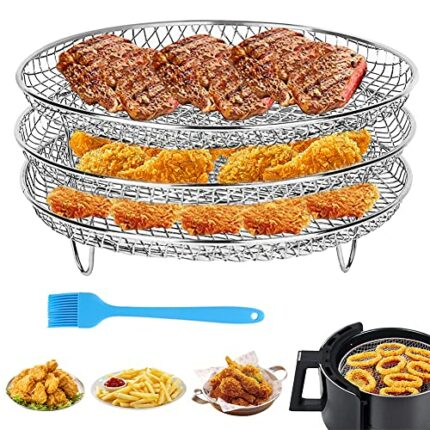 Air Fryer Rack Compatible with Ninja Air Fryer 8 inch 3 Layers Stackable Round Stainless Steel Air Fryer Basket Tray Multi-Purpose Air Fryer Acc
