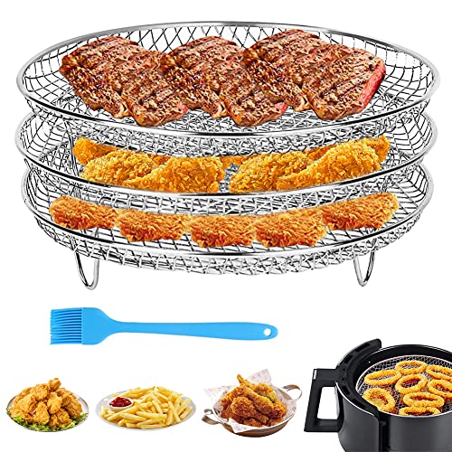 Air Fryer Rack Compatible with Ninja Air Fryer 8 inch 3 Layers Stackable Round Stainless Steel Air Fryer Basket Tray Multi-Purpose Air Fryer Acc