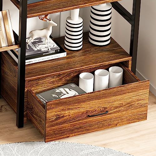 HSSZXFR Triple Wide Bookshelf 5-Tier with 2 Drawers, Industrial Bookshelves Sturdy Wood and Metal, Bookcase Spacious for Display and Storage, Lar