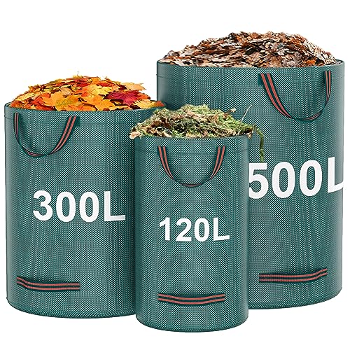 3 Sacks Garden Waste Bags Heavy Duty, Green Garden Waste Sacks Reusable, Industrial Fabric and Handles, Garden Refuse Rubbish Bag, Ideal for Coll