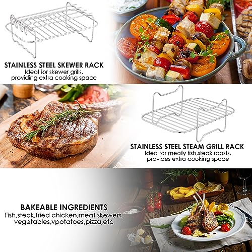 BEZORR 2PCS Air Fryer Rack,Reusable Double Air Fryer Rack,304 Stainless Steel Grilling Rack Toast Rack Cooking Rack with 4Skewers,1Oil Brush and