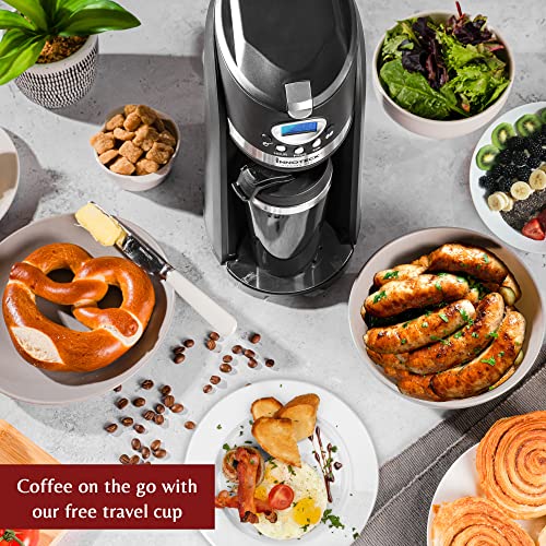Innoteck Travel Filter Coffee Maker Grind and Brew 2 in 1 On-The-Go Automatic Coffee Machine with Stainless Steel Thermo Travel Mug, Black/Chrome